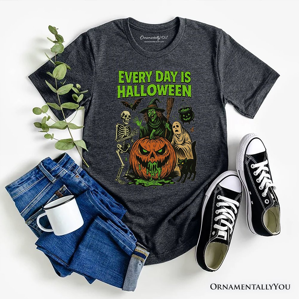 Every Day Is Halloween T-Shirt, Vintage Pumpkin Witch Spooky Tee for Eternal Spook Enthusiasts T-Shirts OrnamentallyYou Gray XS 