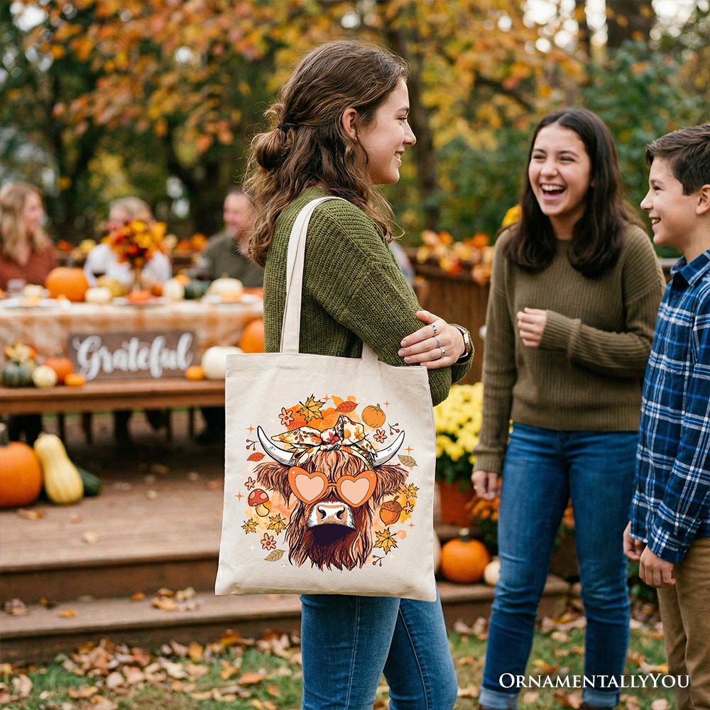 Fall Highland Cow Tote Bag, Messy Bun Howdy Gift Shopper with Autumn Vibes Tote Bag OrnamentallyYou 