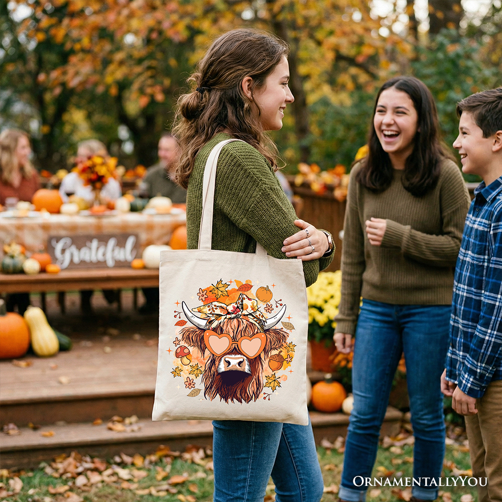 Fall Highland Cow Tote Bag, Messy Bun Howdy Gift Shopper with Autumn Vibes