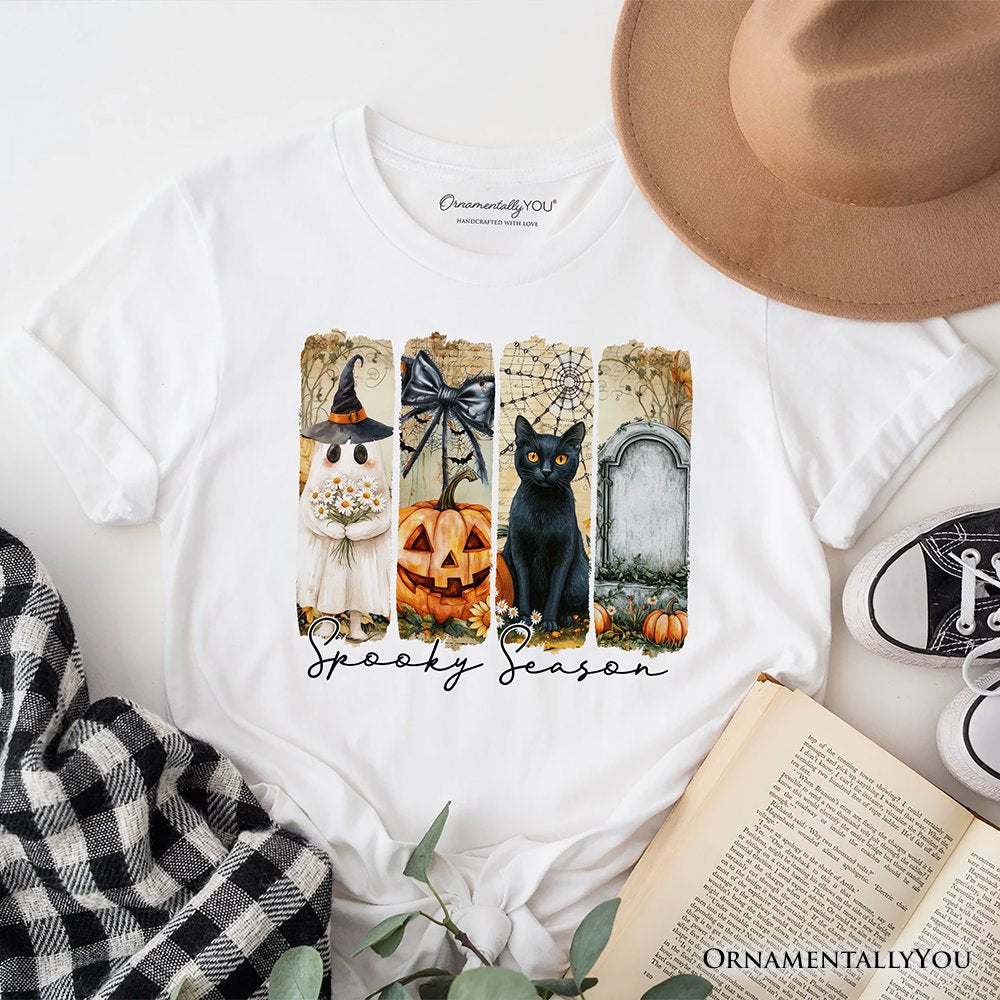 Fall Spooky Season Brushstroke T-Shirt, Coquette Vintage Ghost, Cat and Pumpkin Tee T-Shirts OrnamentallyYou 