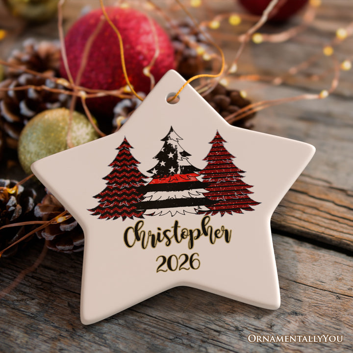 Firefighter Flag Tree Personalized Ornament, Red Line Appreciation Retirement Gift