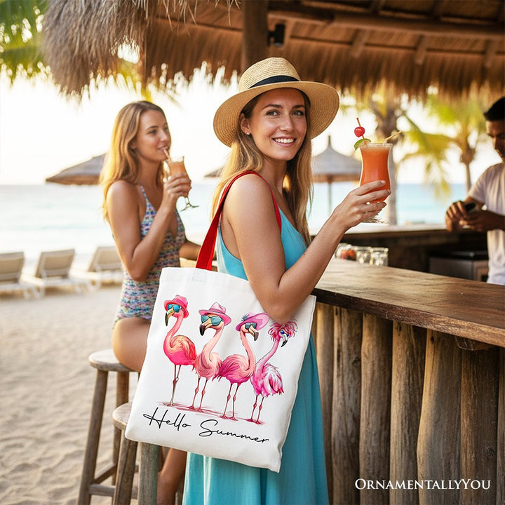 Flamingo Hello Summer Canvas Tote Bag, Retro Gift Shopper with Tropical Birds Tote Bag OrnamentallyYou 