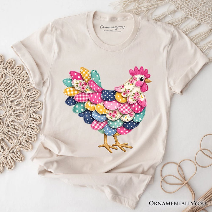 Floral Chicken Printed Faux Patchwork T-Shirt, Coquette Hen Farmhouse Tee T-Shirts OrnamentallyYou Natural XS 
