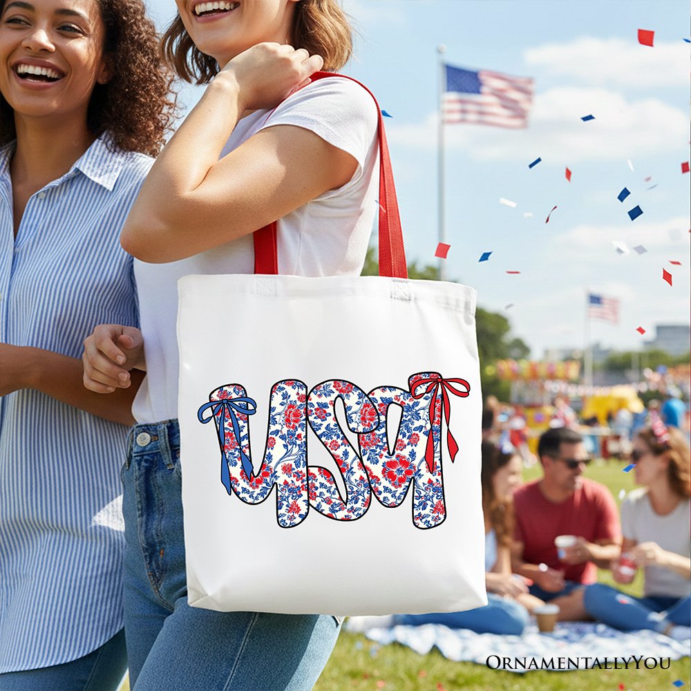 Floral USA Patriotic Canvas Tote Bag, 4th of July Gift Shopper for Stylish Women Tote Bag OrnamentallyYou 