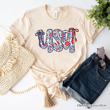 Floral USA Patriotic T-Shirt, 4th of July White, Natural and Black Tee for Stylish Women T-Shirts OrnamentallyYou Natural XS 