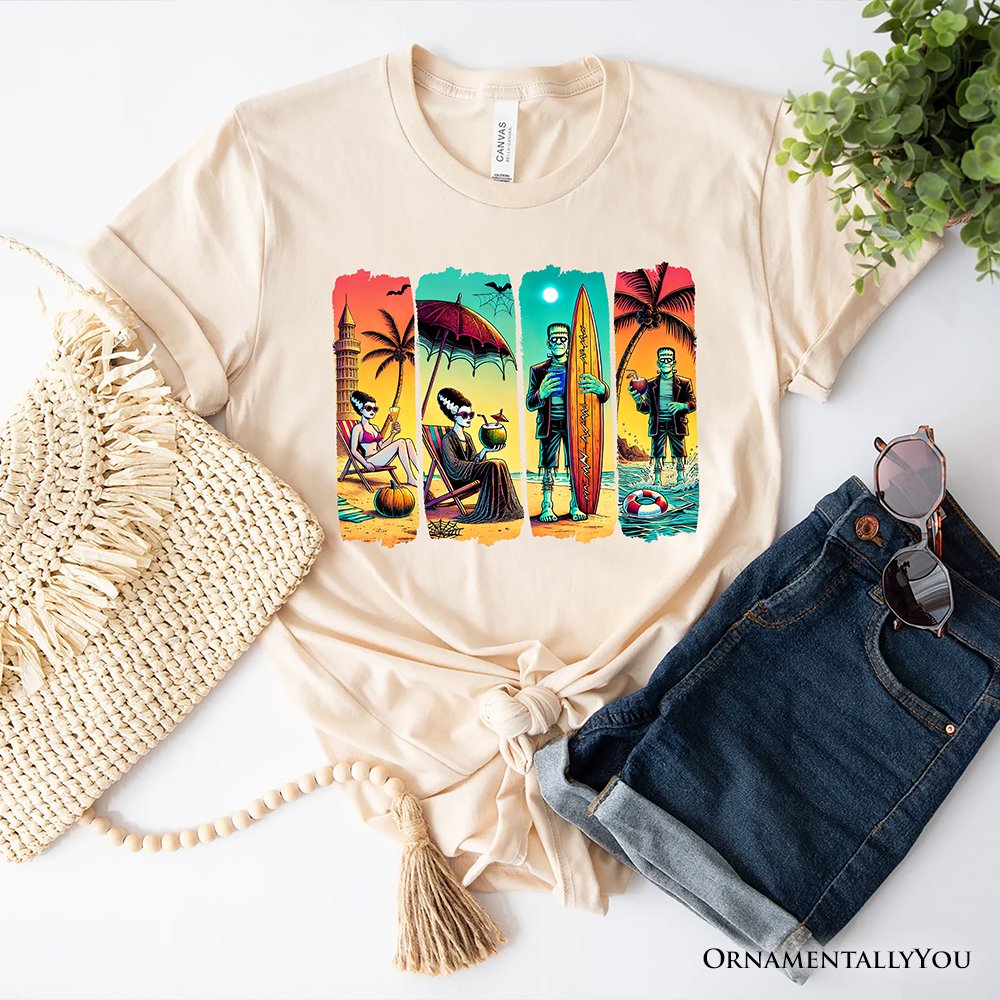 Frankenstein's Beach Vacation T-Shirt, Retro Neon Surf Style Tee for Horror Fans with Summer Vibes T-Shirts OrnamentallyYou Natural XS 