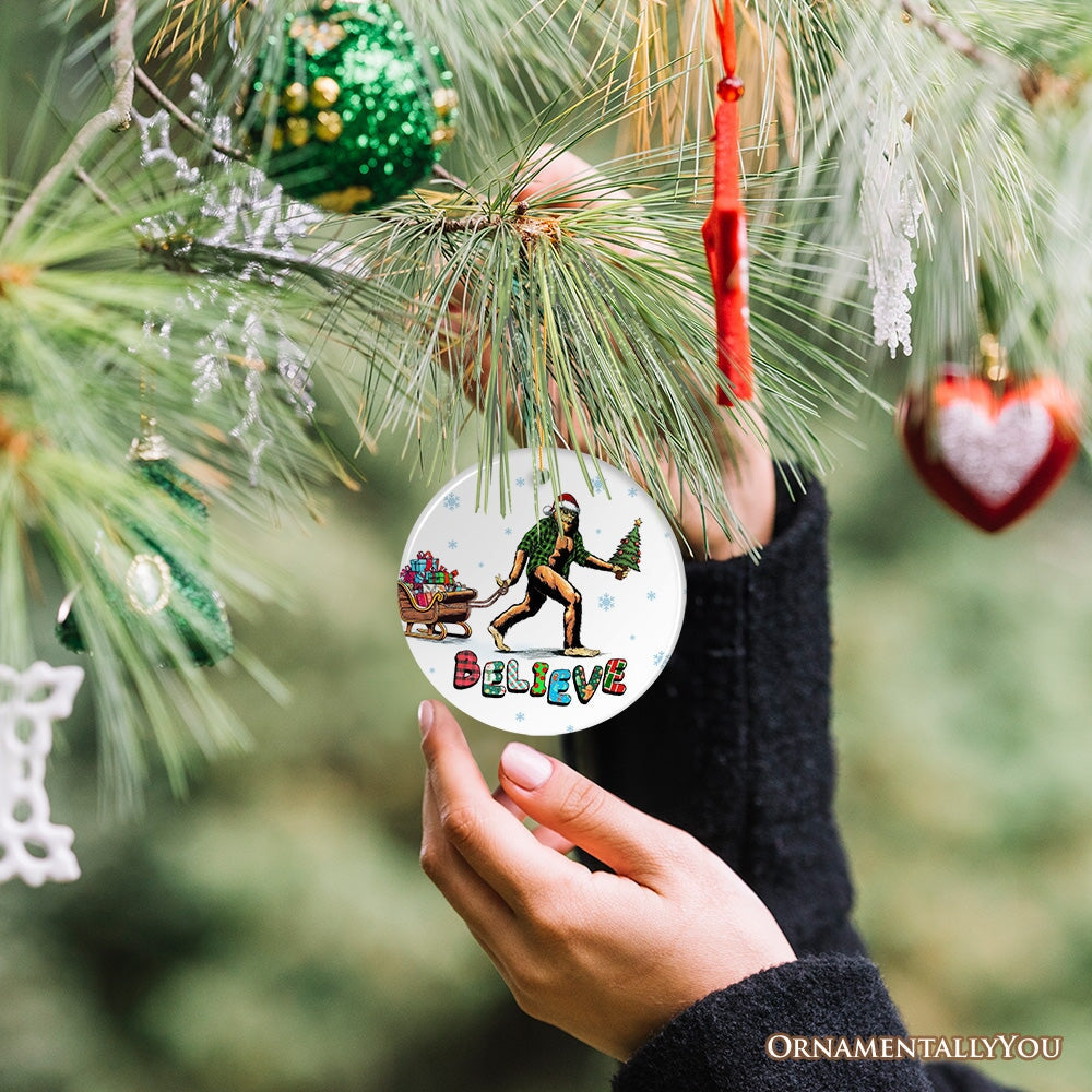 Funny Big Foot Believe Christmas Ornament, Sasquatch Humor Holiday Decor Ceramic Ornament OrnamentallyYou 