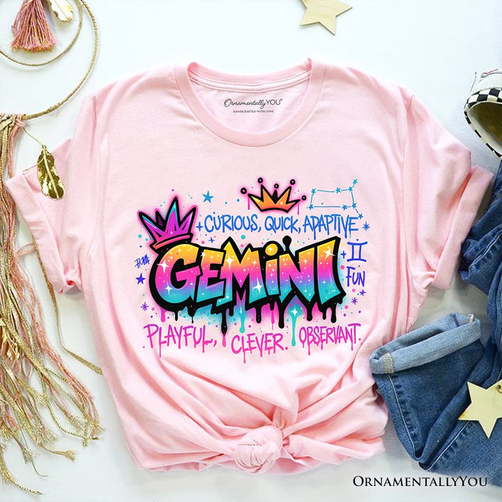 Gemini Graffiti Zodiac T-Shirt, Street Style Astrology Horoscope Tee T-Shirts OrnamentallyYou Soft Pink XS 