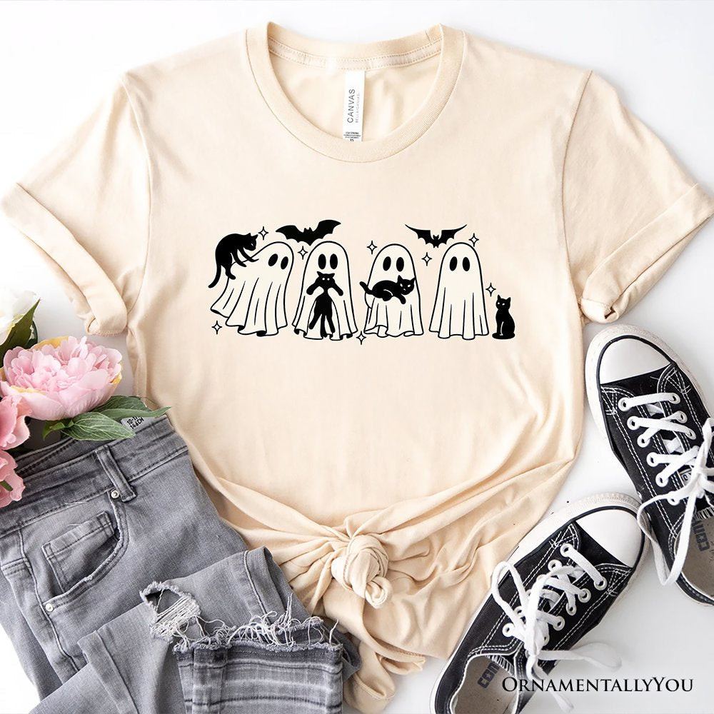 Ghosts and Cats Spooky T-Shirt, Whimsical Halloween Tee for Cozy Autumn Season T-Shirts OrnamentallyYou Natural XS 