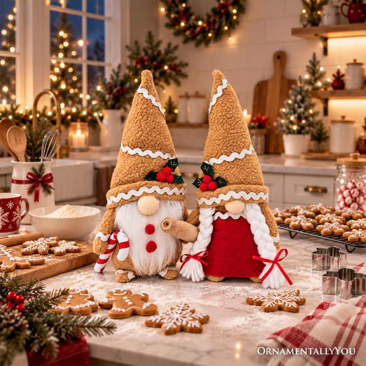 Gingerbread Christmas Plush Gnome Set of 2, Holiday 10.5" Baking Decor with Rolling Pin and Candy Cane
