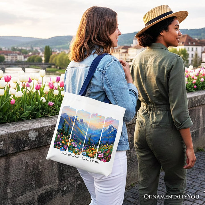 God Is Good All the Time Mountain Christian Canvas Tote Bag, Wildflower Brushstroke Bible Verse Faith Gift Shopper Tote Bag OrnamentallyYou 