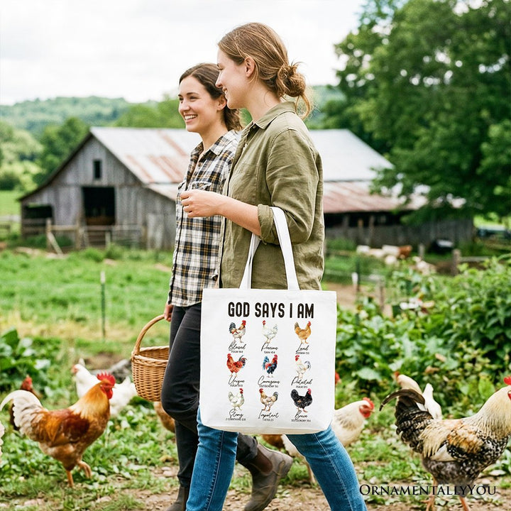 God Says I Am Christian Tote Bag, Rooster and Chicken Gift Shopper for Farm Style Lovers Tote Bag OrnamentallyYou 