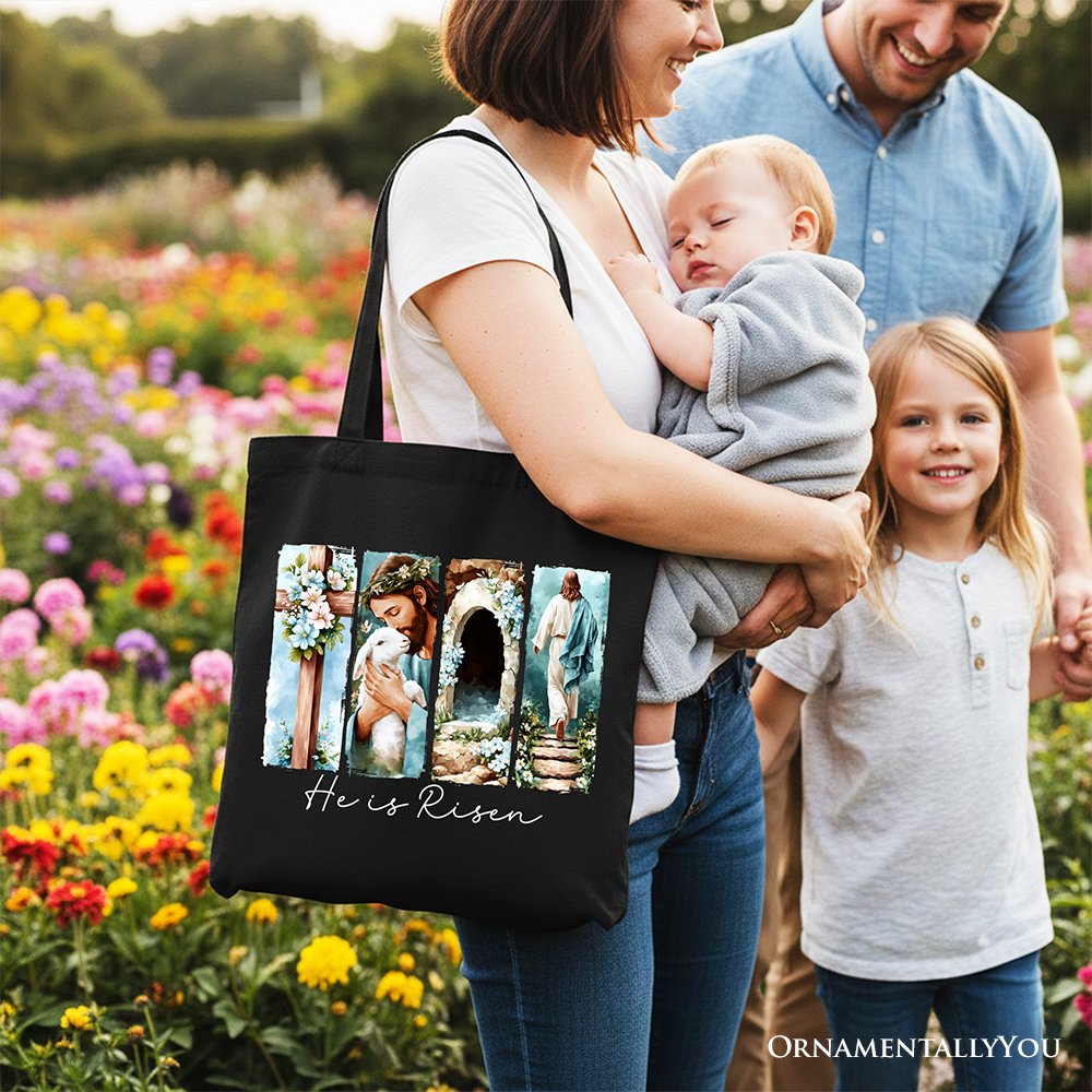 He Is Risen Christian Brushstroke Canvas Tote Bag, Festive Easter Gift Shopper Tote Bag OrnamentallyYou 