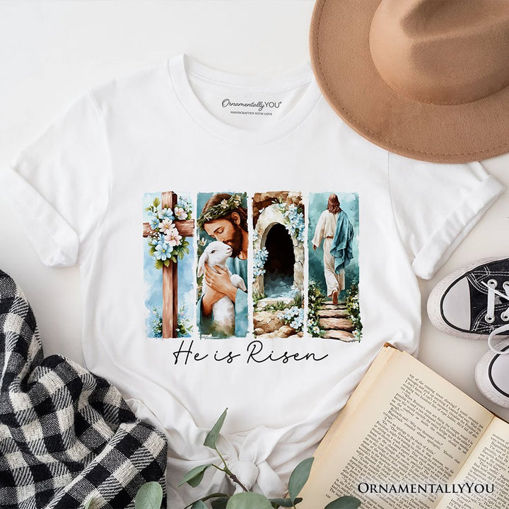 He Is Risen Christian Brushstroke T-Shirt, Festive Easter Tee T-Shirts OrnamentallyYou White XS 