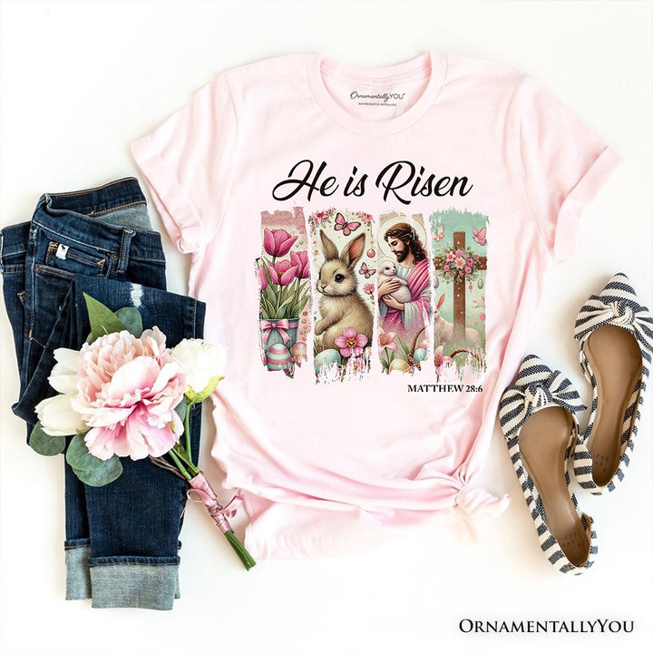 He Is Risen Easter Jesus T-Shirt, Matthew 28:6 Christian Tee for Believers T-Shirts OrnamentallyYou Soft Pink XS 