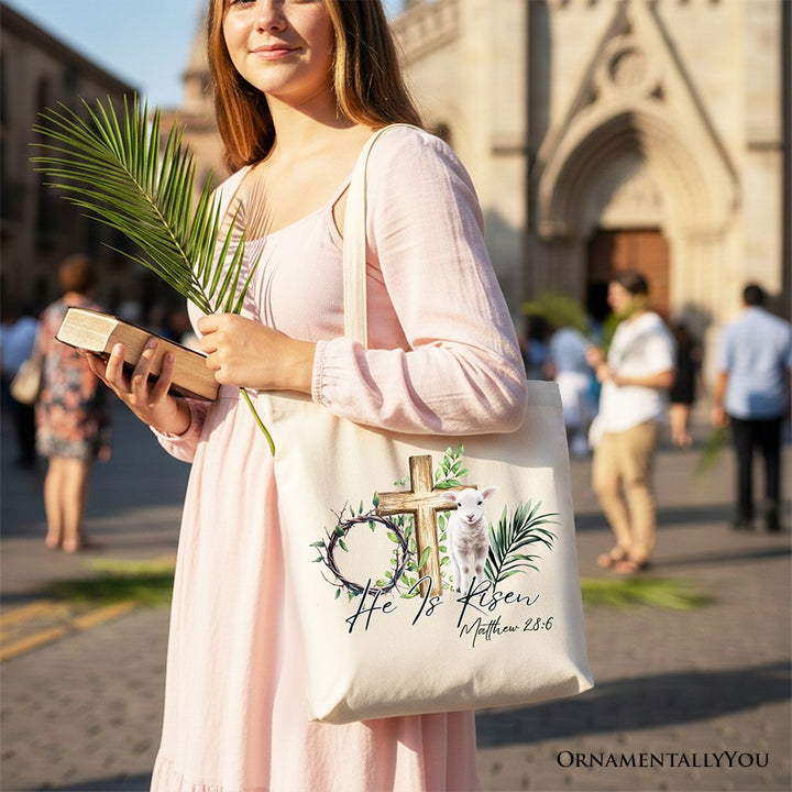 He Is Risen Lamb Cross Christian Easter Tote Bag, Bible Verse Matthew 28:6 Gift Shopper Tote Bag OrnamentallyYou 