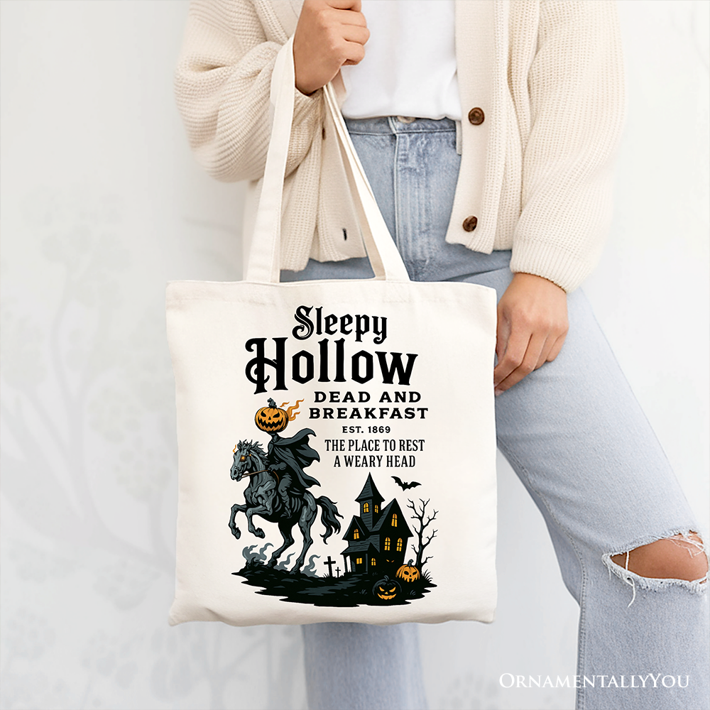 Headless Horseman Sleepy Hollow Halloween Canvas Tote Bag, Dead and Breakfast Retro Gift