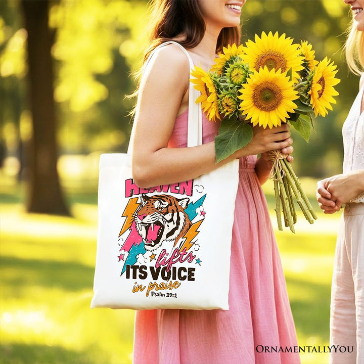 Heaven Lifts its Voice in Praise Christian Tote Bag, Tiger Psalm 191 Bible Verse Gift Shopper Tote Bag OrnamentallyYou 