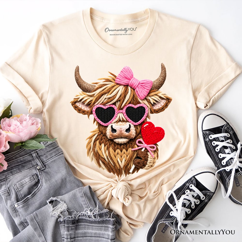Highland Cow Faux-Yarn Valentine T-Shirt, Cute Knit Coquette Tee T-Shirts OrnamentallyYou Natural XS 