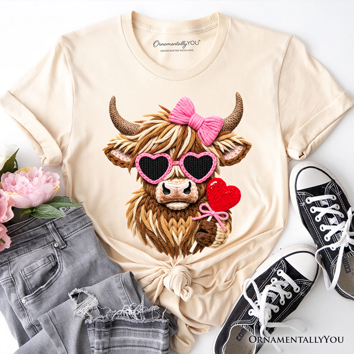 Highland Cow Faux-Yarn Valentine T-Shirt, Cute Knit Coquette Tee