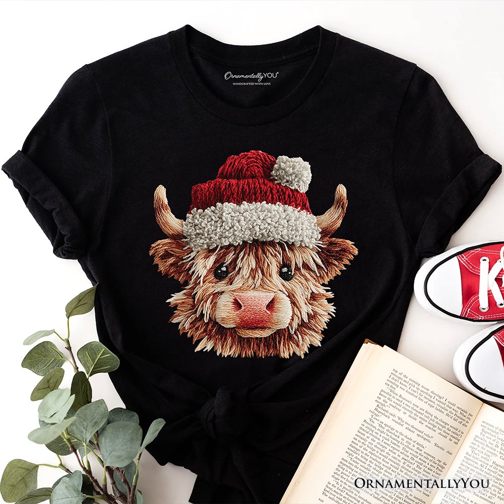 Highland Cow Santa Hat Christmas T-Shirt, Imitation Latch Hook Yarn Cozy Tee T-Shirts OrnamentallyYou Black XS 