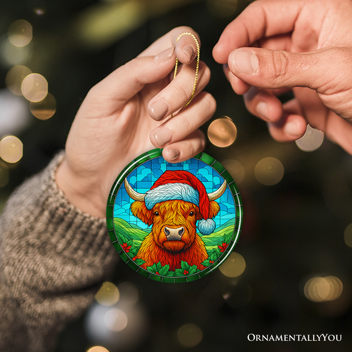 Highland Cow in Santa Hat Stained Glass Style Ceramic Ornament, Christmas Gift and Farmhouse Holiday Decor