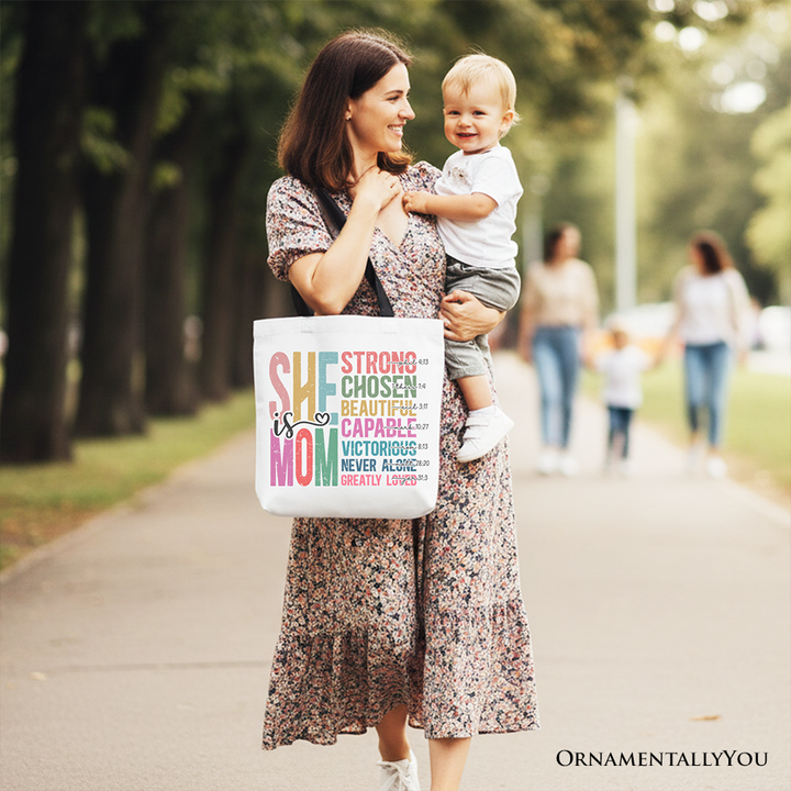 Inspirational Christian Mom Canvas Tote Bag, Affirmation Gift Shopper for Strong and Motivated Mothers