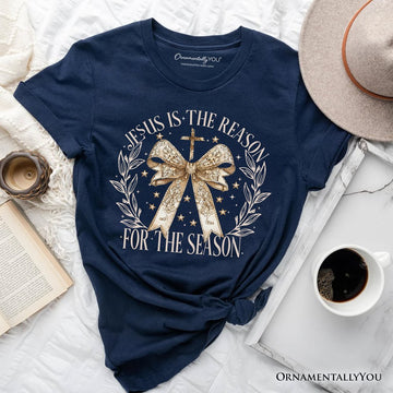 Jesus Is the Reason Christmas T‑Shirt, Coquette Gold Bow Cross Tee for Faithful Women T-Shirts OrnamentallyYou 