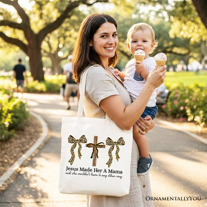Jesus Made Her A Mama Tote Bag, Coquette Christian Leopard Bows Faith Gift Shopper Tote Bag OrnamentallyYou 