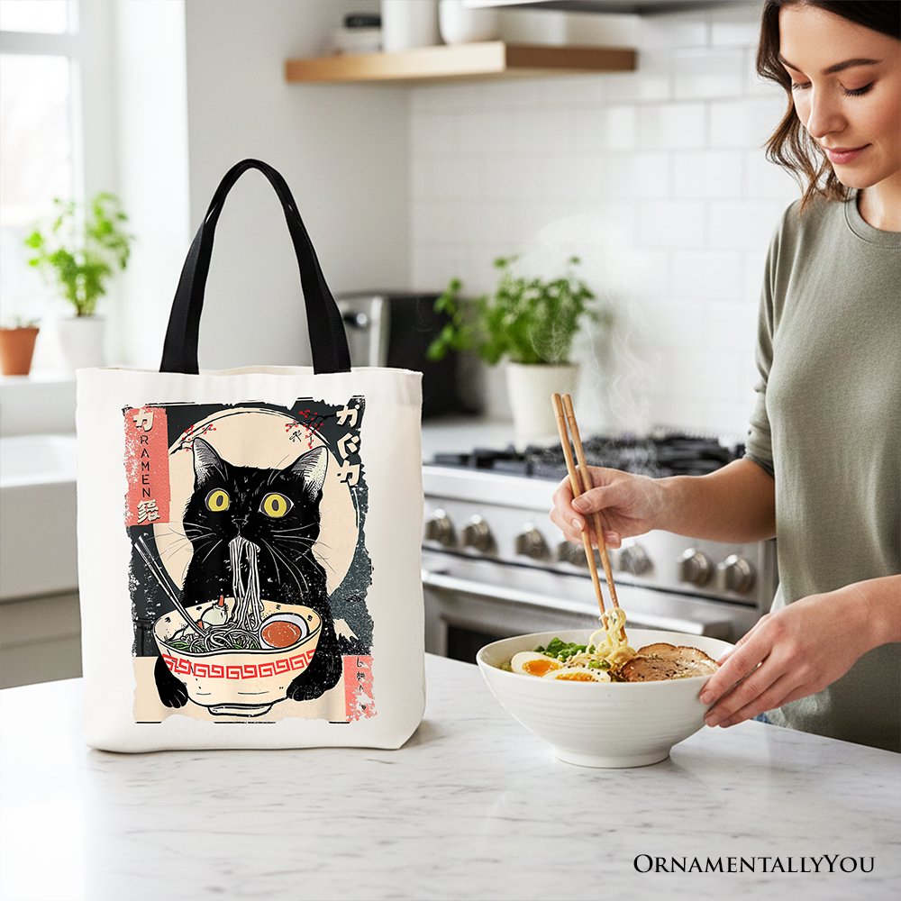 Kawaii Anime Cat Eating Ramen Canvas Tote Bag, Noodle Japanese Art Style Gift Bag Tote Bag OrnamentallyYou 