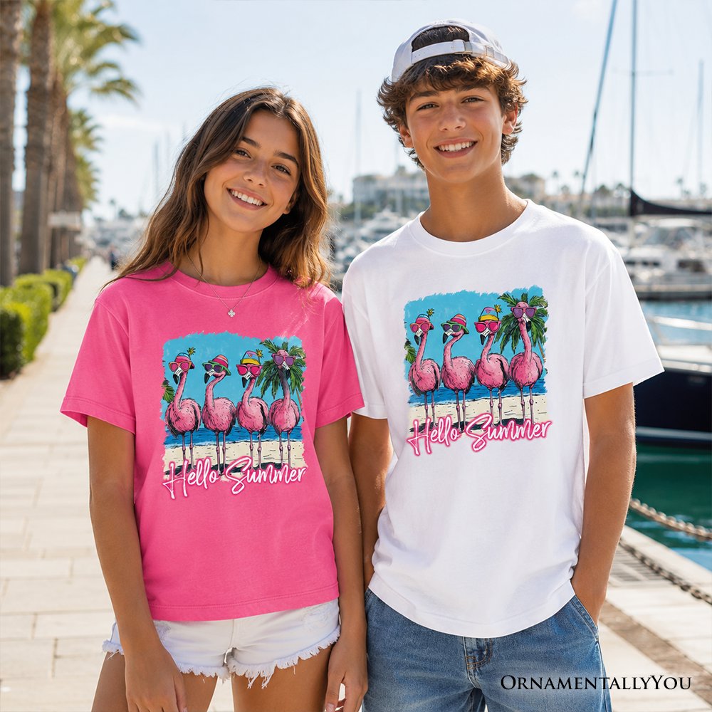 Kids Flamingo Hello Summer T-Shirt, Tropical Beach Vacation Youth Tee Kid's T-Shirts OrnamentallyYou 