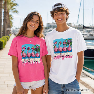 Kids Flamingo Hello Summer T-Shirt, Tropical Beach Vacation Youth Tee Kid's T-Shirts OrnamentallyYou 