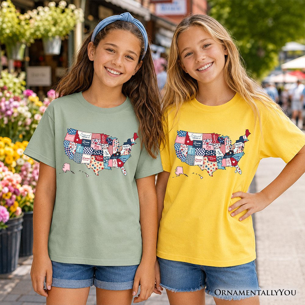 Kids Patriotic Patchwork USA T-Shirt, Quilted Map Youth Tee for American Fans Kid's T-Shirts OrnamentallyYou 