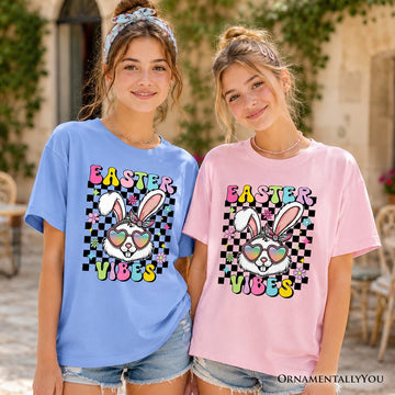 Kids Retro Easter Bunny Sunglasses T-Shirt, Groovy Youth Checkered Tee Kid's T-Shirts OrnamentallyYou 