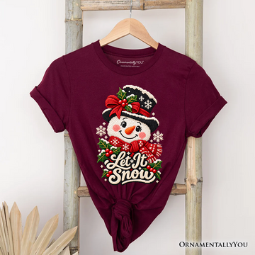 Let It Snow Faux Cross Stitch Snowman Christmas T-Shirt, Winter Holiday Tee