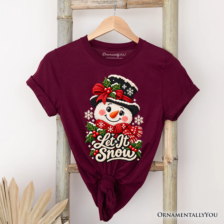 Let It Snow Faux Cross Stitch Snowman Christmas T-Shirt, Winter Holiday Tee