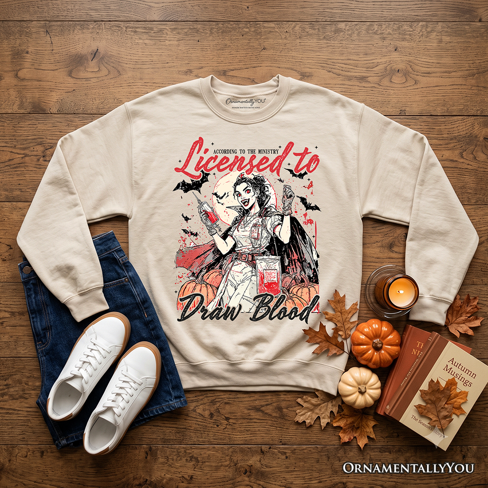 Licensed to Draw Blood Halloween Nurse Sweatshirt, Groovy Sweater for Spooky Season