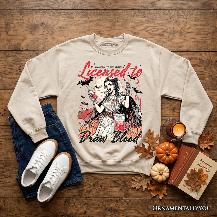Licensed to Draw Blood Halloween Nurse Sweatshirt, Groovy Sweater for Spooky Season