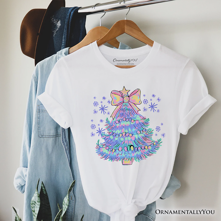 Light Blue Christmas Tree Bow T-Shirt, Coquette Colorful Holiday Tee