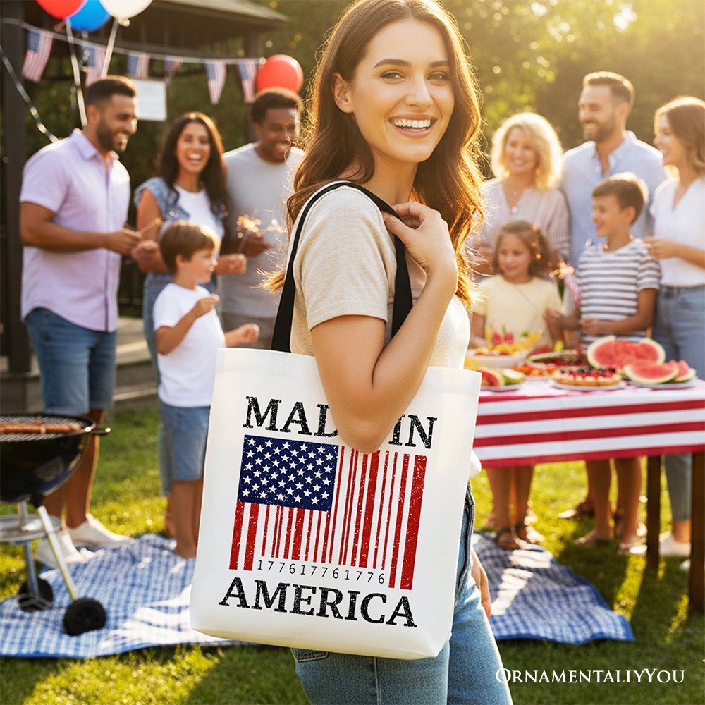 Made In America Bar Code Flag Tote Bag, Patriotic 1776 USA 250th Anniversary Gift Shopper Tote Bag OrnamentallyYou 