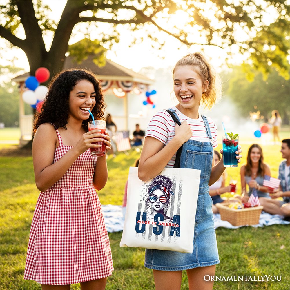 Made in America Messy Bun Tote Bag, Retro 4th of July White Patriotic Gift Shopper Tote Bag OrnamentallyYou 