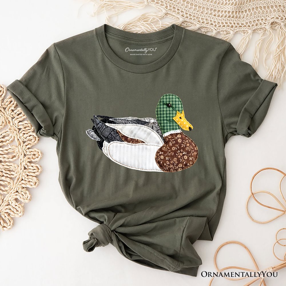 Mallard Duck Printed Faux Patchwork T-Shirt, Hunting Outdoors Tee T-Shirts OrnamentallyYou Military Green XS 