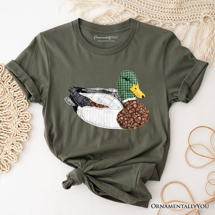 Mallard Duck Printed Faux Patchwork T-Shirt, Hunting Outdoors Tee T-Shirts OrnamentallyYou Military Green XS 