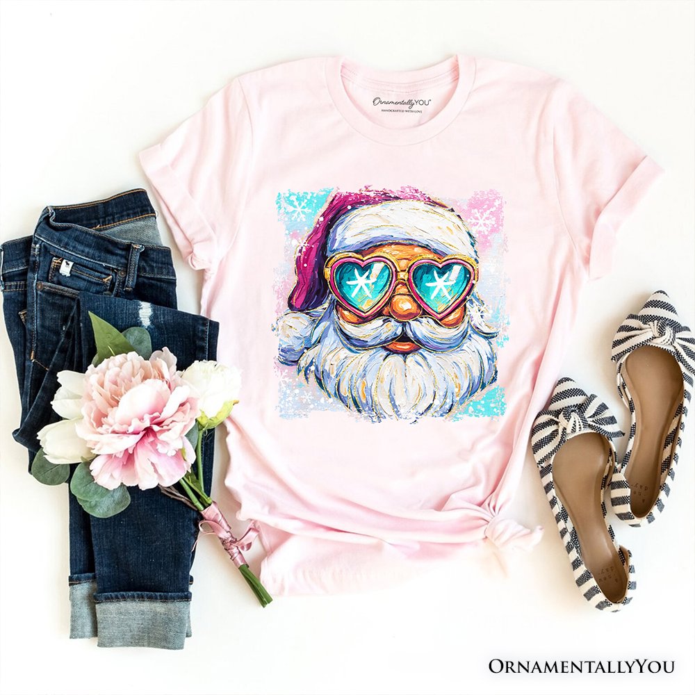 Merry Christmas Santa Sunglasses Christmas T-Shirt, Funky Retro Holiday Tee T-Shirts OrnamentallyYou Soft Pink XS 