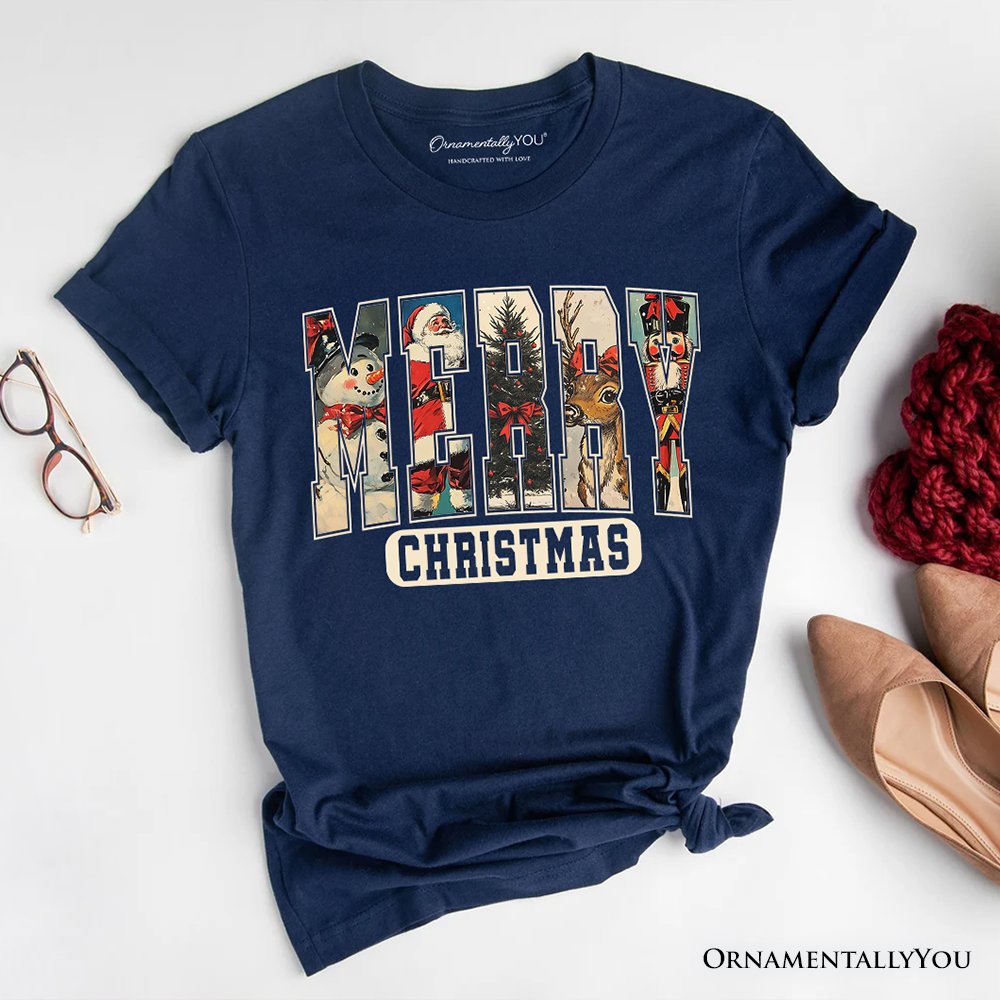 Merry Christmas Vintage T‑Shirt, Santa Tree Reindeer Snowman Nutcracker Tee T-Shirts OrnamentallyYou Navy XS 