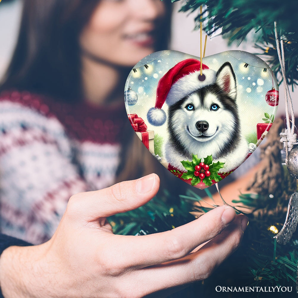 Merry Holly Berry Siberian Husky Ornament, Whimsical Christmas Tree Decor Ceramic Ornament OrnamentallyYou 