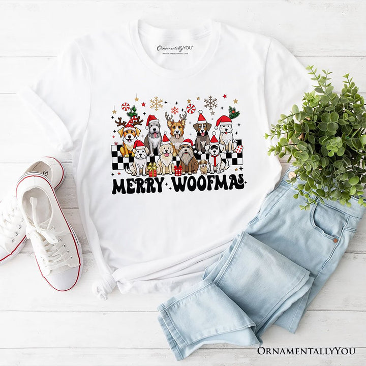 Merry Woofmas Dog Mama T‑Shirt, Dogs With Santa Hats Christmas Tee T-Shirts OrnamentallyYou White XS 