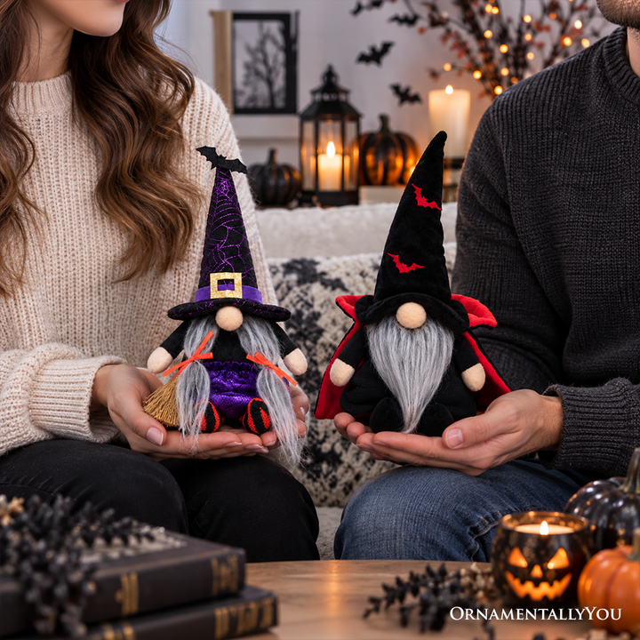 Midnight Magic Plush Gnome Set of 2, Gothic Witch and Vampire 10" Halloween Decor