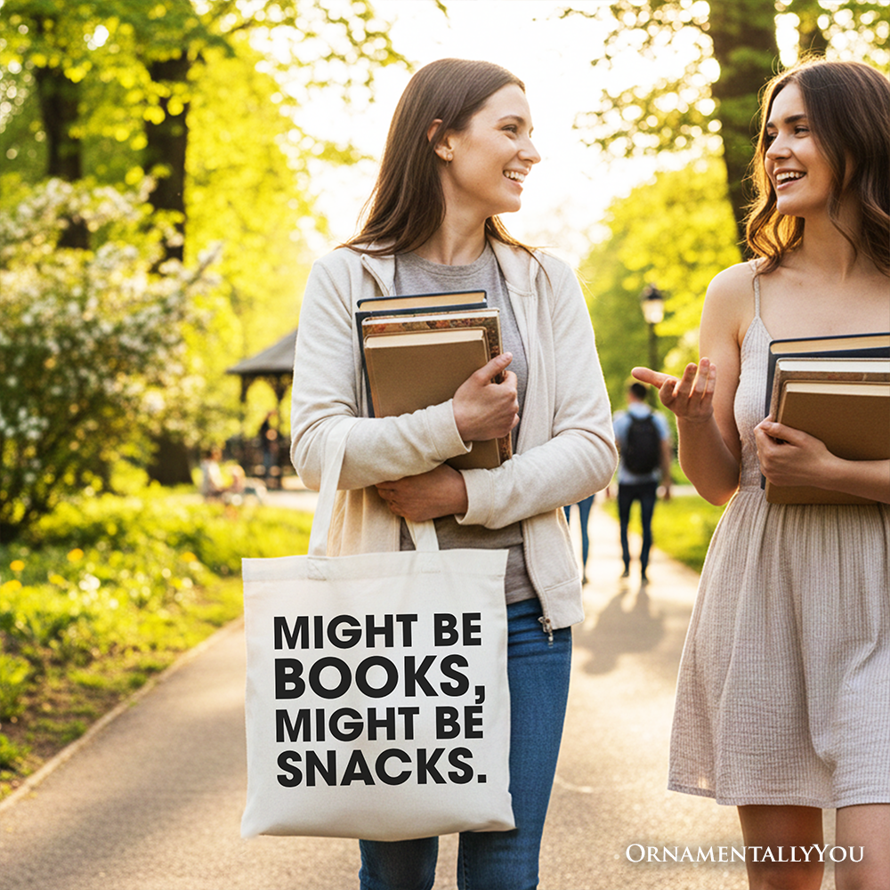Might Be Books Might be Snacks Canvas Tote Bag, Minimalist Gift Shopper for Bookworms
