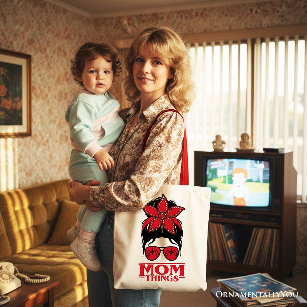 Mom Things Messy Bun Retro Canvas Tote Bag, Red Bandana Glasses Family Matching Gift Shopper Tote Bag OrnamentallyYou 